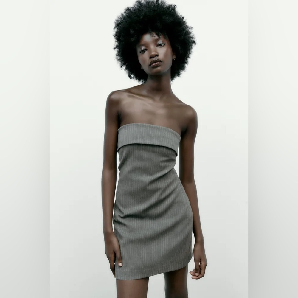 NWT Zara Strapless Bandeau Pinstripe Mini Dress Gray